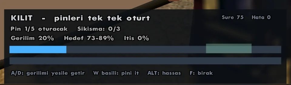 Kilit mini oyunu: gerilimi yeşil hedefe getir, pini it. Pin 1/5, süre ve hata sayacı.