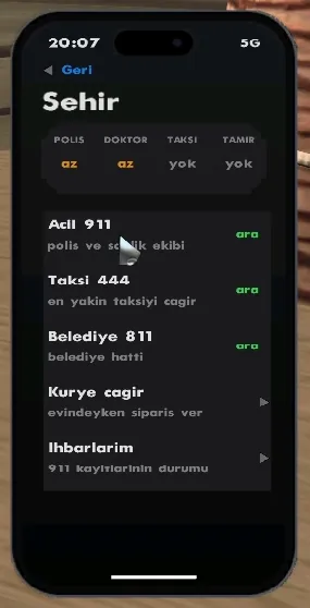 Şehir uygulaması: polis, doktor, taksi, tamirci durumu; 911, taksi, belediye, kurye, ihbarlarım.