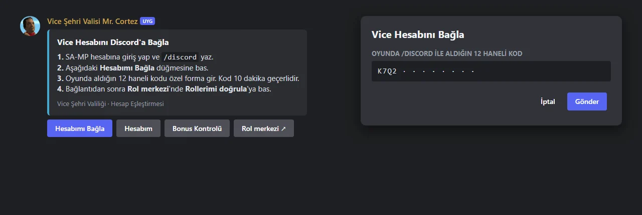 Doğrulama paneli ve kod formu