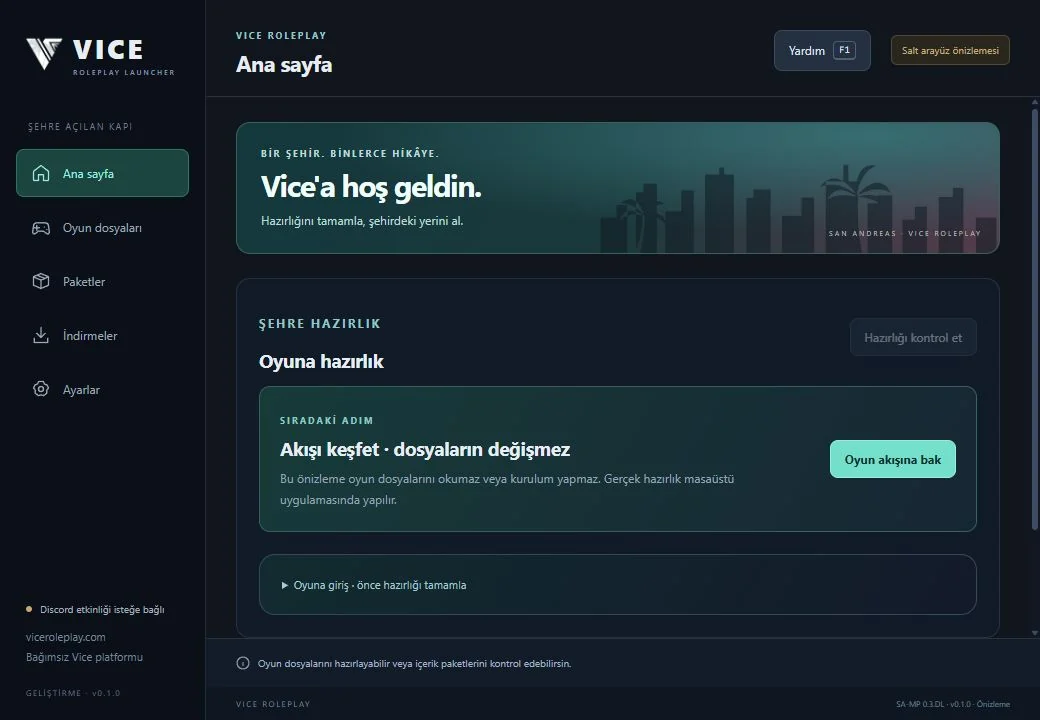 Vice Launcher ana sayfası önizlemesi: Vice’a hoş geldin, şehre hazırlık