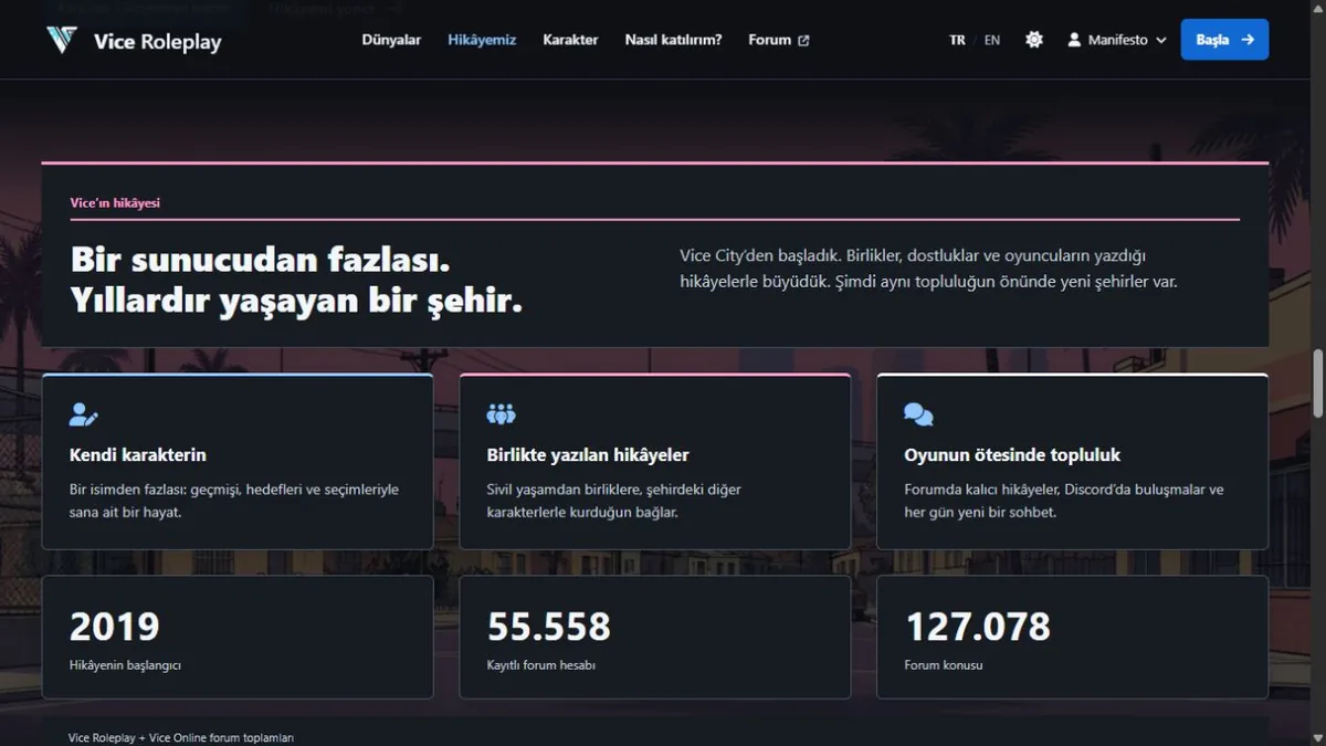 Vice Roleplay açılış sayfası