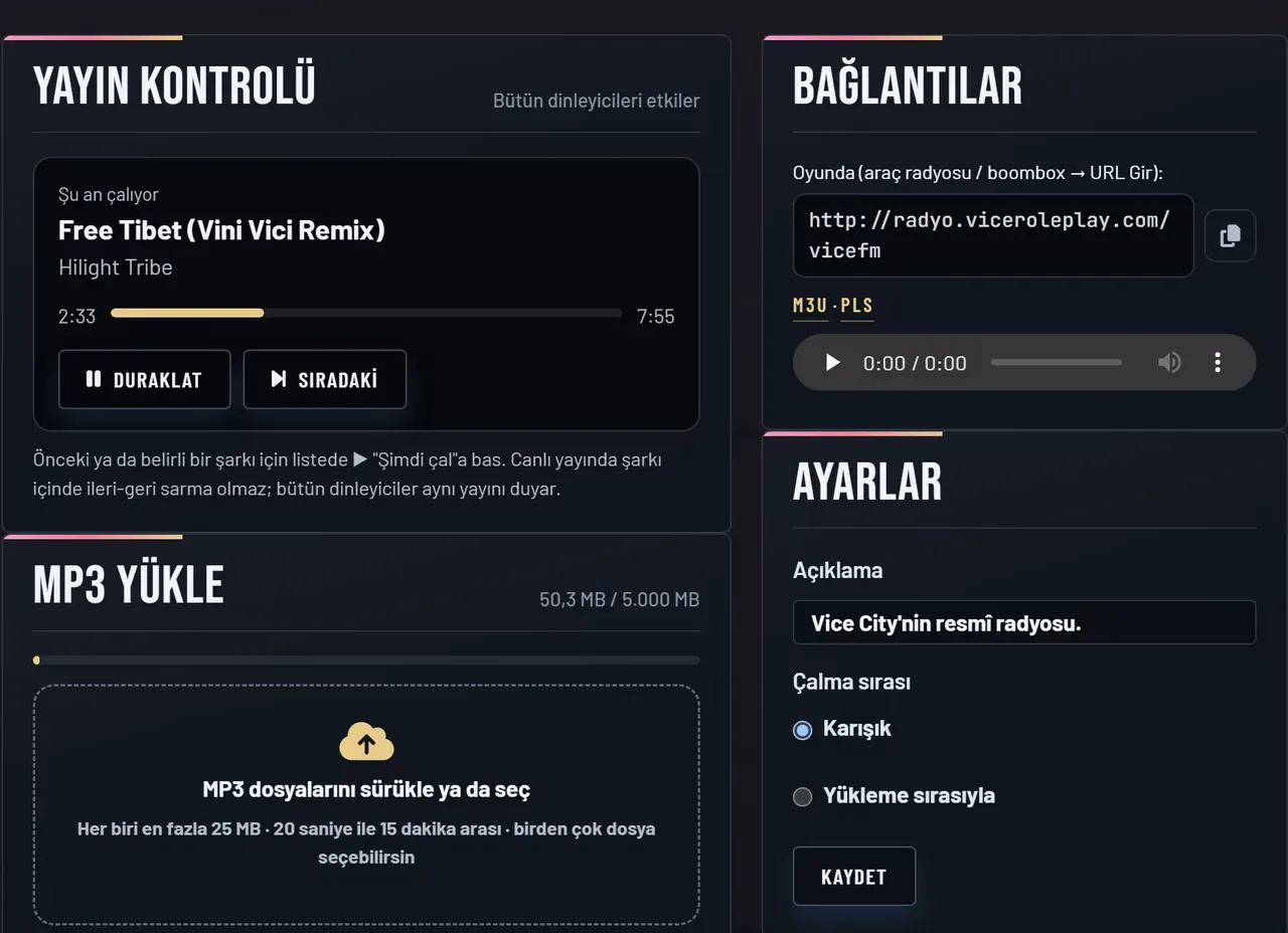 Radyo stüdyosu: yayın kontrolü, oyun bağlantısı ve MP3 yükleme