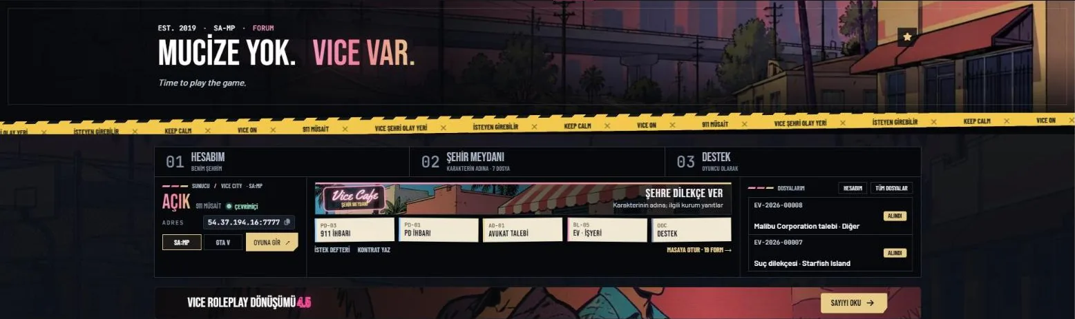 Vice City ana sayfası: Mucize yok, Vice var; olay yeri şeridi ve üç kapı